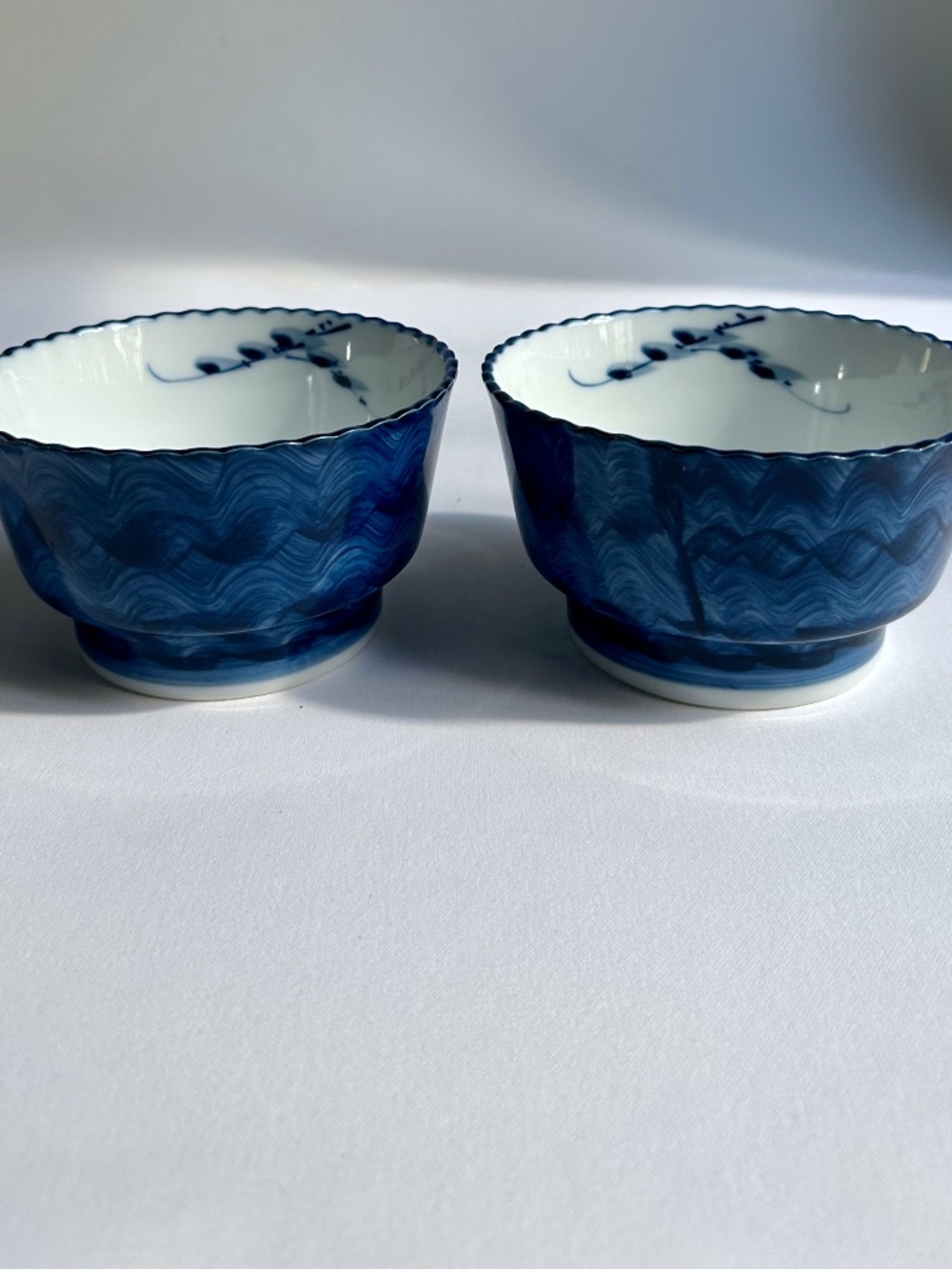 Vintage Pair of Hand Painted Blue & White Japanese Scalloped Bowls